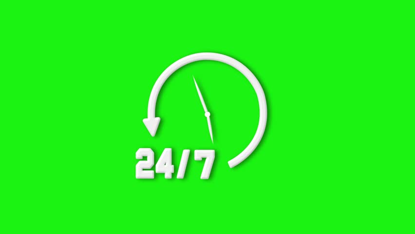 Animated 24,7 Timer Icon on green screen background Background with Alpha Channel, Modern Stopwatch Countdown Timer