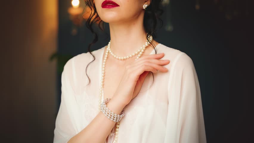 Sexy silhouette woman close-up beauty face red lips mouth makeup retro glamour lady. Fantasy girl princess stroking neck skin vintage white dress pearl necklace set beads art style real person hand 4k