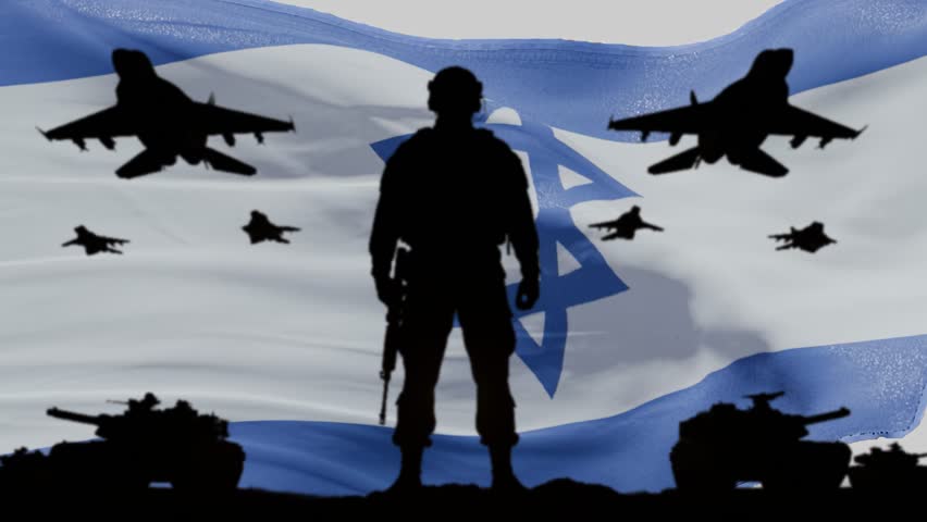 Silhouette of an Israeli soldier with assault rifle standing against a waving Israeli flag, fighter jets and tanks isolated on white background