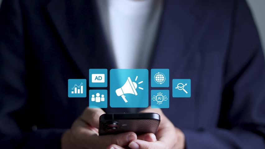 Advertising concept, PR Public relations, plan advertising marketing strategies to target social media native, ad, advertisers, sales. Advertising icons on virtual screen 