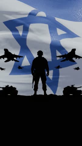 Silhouette of an Israeli soldier with assault rifle standing against a waving Israeli flag, fighter jets and tanks isolated on white background
