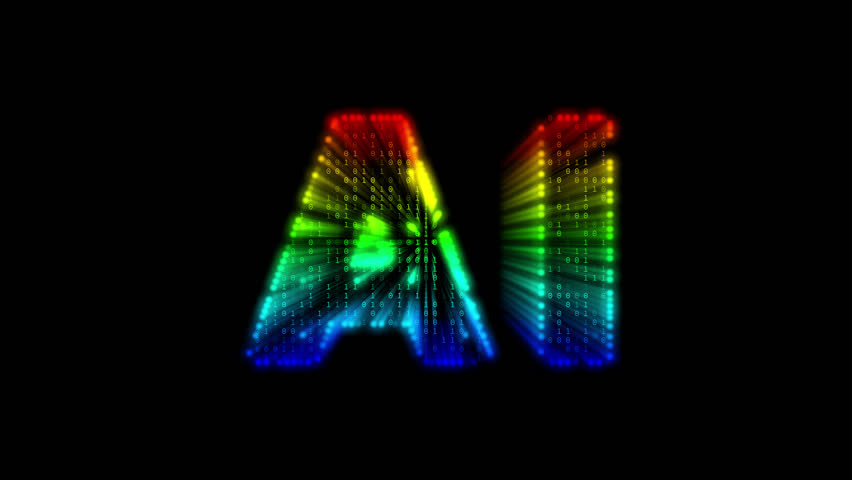 Abstract colorful 3D AI text typography animation with glowing binary code and rainbow color gradient, transparent background with alpha channel, seamless loopable, for tech motion and digital design