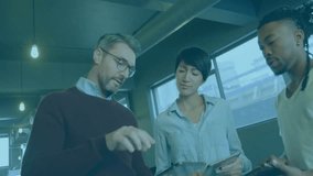 Colleagues tapping devices while padlock icon fading in with golden particles showing data security. Collaboration, teamwork, innovation, digital, technology, modernity, communication - Powered by Shutterstock - Get 15% off with code: PIKWIZARD15