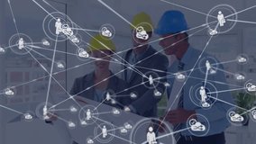 Three professionals examining blueprint in office fading icon starting tech cloud network expanding. Collaboration, teamwork, innovation, consulting, architecture, modernity, connectivity - Powered by Shutterstock - Get 15% off with code: PIKWIZARD15