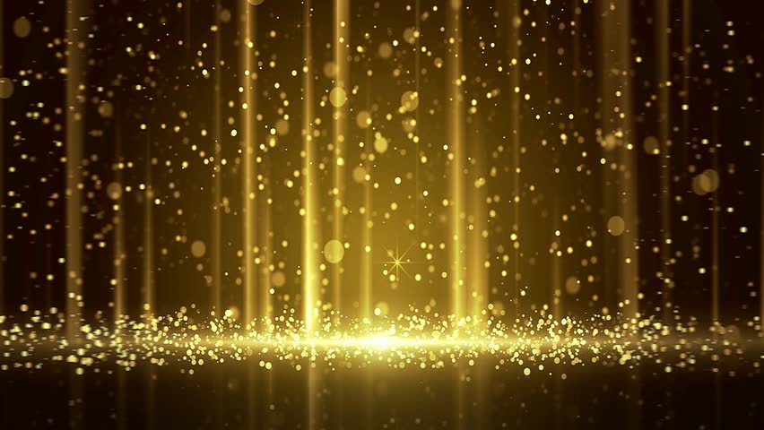 Luxurious expensive background with golden highlights and dust on a black background with reflections on the floor and blur on the sides of the frame.