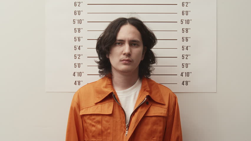 Male inmate in orange uniform holding identification board and posing for mugshots against height measurement chart during booking procedure at police station