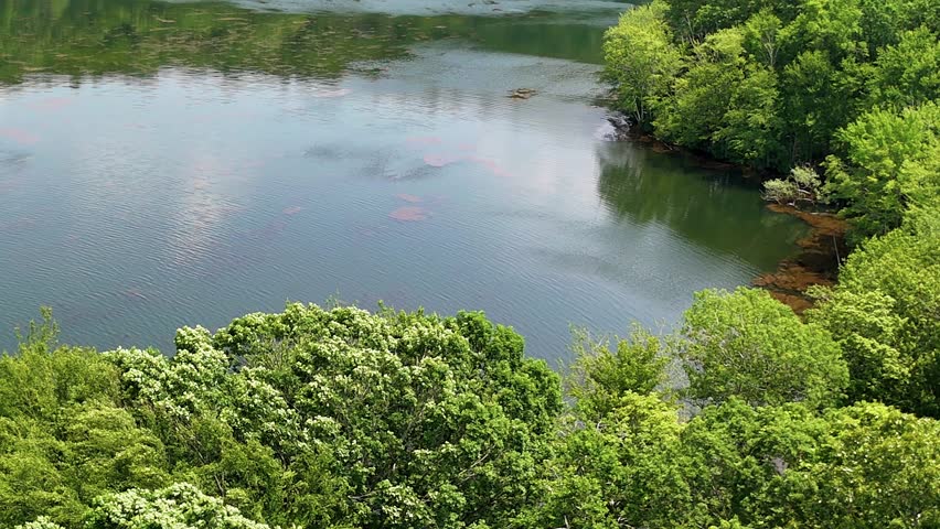 Aerial slow-motion footage of Crescent Lake in Southington, Connecticut, USA. Surrounded by lush green forest and calm waters, the area is ideal for fishing, kayaking, and hiking.