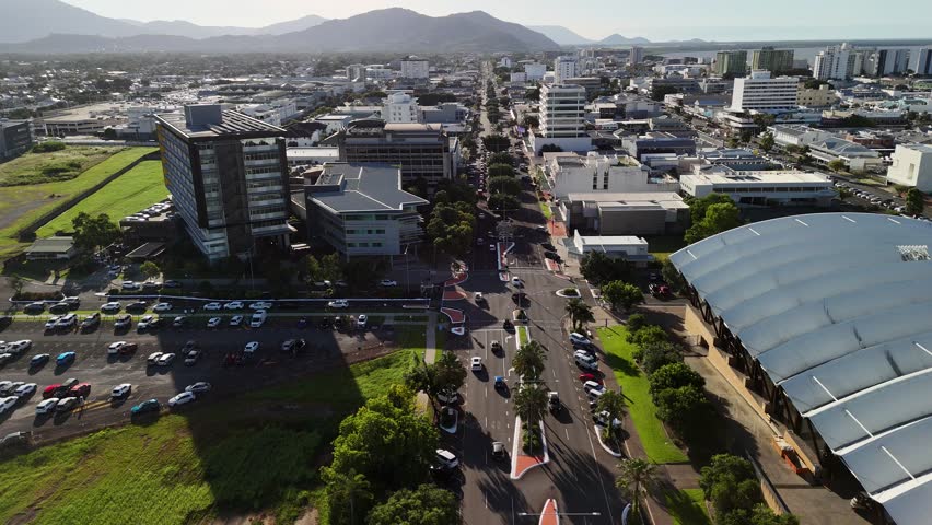 Cairns City Queensland Australia: 4K Aerial Drone Footage Featuring Coastal Marina, Buildings, Esplanade Hotels, Downtown Streets, Palm Lined Shoreline and the Coral Sea