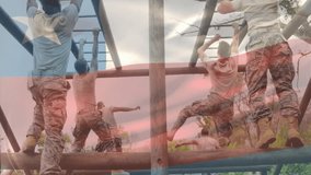 Soldiers jumping onto log and swinging across monkey bars ending in dismount for military training. Teamwork, fitness, adventure, outdoor, resilience, strength, discipline - Powered by Shutterstock - Get 15% off with code: PIKWIZARD15