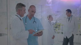 Nurse joining medical team reviewing patient data on tablet in corridor with drifting data overlays. Hospital, healthcare, teamwork, digital, technology, collaboration, professional - Powered by Shutterstock - Get 15% off with code: PIKWIZARD15
