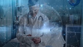 Senior male doctor tapping tablet screen and scrolling holographic graphs for confident diagnosis. Medical, healthcare, technology, digital, innovation, analysis, professional - Powered by Shutterstock - Get 15% off with code: PIKWIZARD15