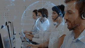 Four call center agents typing and speaking at desk while rotating globe forming for global support. Collaboration, technology, communication, connectivity, professionalism, teamwork, digital - Powered by Shutterstock - Get 15% off with code: PIKWIZARD15