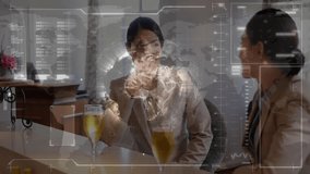 Digital grid appearing, colleagues sipping beer, pointing at rotating globe hologram for strategy. Futuristic, networking, collaboration, innovation, office, casual, ambient - Powered by Shutterstock - Get 15% off with code: PIKWIZARD15