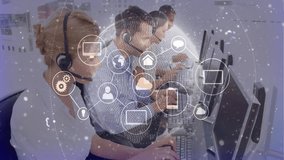 Call center team typing and speaking while network dots connecting and animating digital icons. Collaboration, communication, technology, connectivity, teamwork, digital, modern - Powered by Shutterstock - Get 15% off with code: PIKWIZARD15