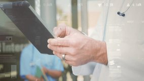 Physician tapping tablet and zooming digital chart for patient data review in healthcare reception. Medical, technology, professional, modern, diagnostic, healthcare, digital - Powered by Shutterstock - Get 15% off with code: PIKWIZARD15