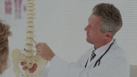 Doctor pointing lumbar spine model in medical consultation, animating charts highlighting segments. Healthcare, diagnostics, anatomy, wellness, medical, professional, education - Powered by Shutterstock - Get 15% off with code: PIKWIZARD15