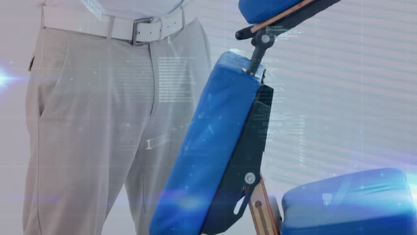 Camera panning showing man crossing arms beside device while code chart scrolling showing tech. Technology, data visualization, digital interface, innovation, professionalism, futuristic, productivity - Powered by Shutterstock - Get 15% off with code: PIKWIZARD15