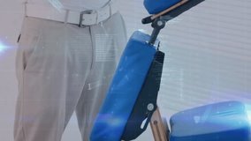 Camera panning showing man crossing arms beside device while code chart scrolling showing tech. Technology, data visualization, digital interface, innovation, professionalism, futuristic, productivity - Powered by Shutterstock - Get 15% off with code: PIKWIZARD15