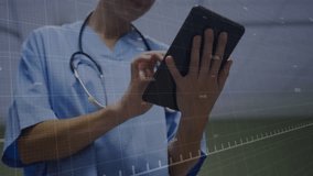 Mid adult female nurse raising tablet tapping screen analyzing data pulsing green graph in corridor. Healthcare, technology, data, analysis, clinical, digital, professional - Powered by Shutterstock - Get 15% off with code: PIKWIZARD15