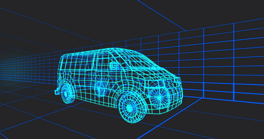After one-second delay neon-blue wireframe van sliding panels visualizing telemetry then retracting. Technology, innovation, futuristic, analytics, data visualization, digital environment, virtual