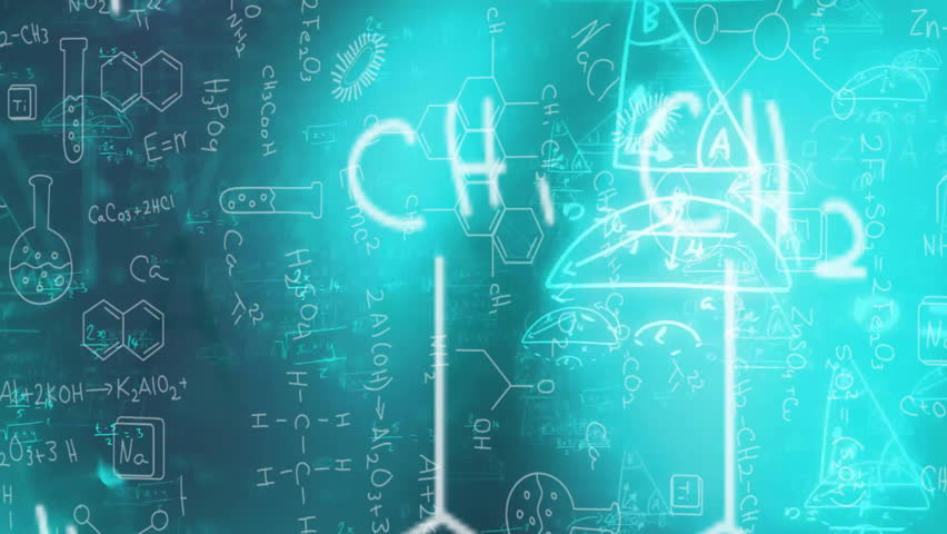 As flask outlines emerging, science icons floating illustrating chemical reactions on teal glow. Science, chemistry, molecular, innovation, research, technology, education