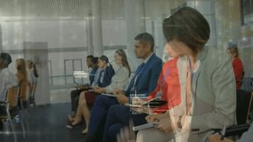 Business professionals sitting with code fading in and generating animated global network overlay. Collaboration, innovation, technology, digital, analytics, enterprise, communication - Powered by Shutterstock - Get 15% off with code: PIKWIZARD15