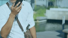 Adult male walking path pausing on alert ping speaking into phone featuring waveform tech overlays. Technology, connectivity, urban, futuristic, communication, mobility, innovation - Powered by Shutterstock - Get 15% off with code: PIKWIZARD15