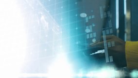 Opening blue light revealing rotating world map above laptop as tech researcher tapping data panels. Futuristic, innovation, digital, connectivity, interface, immersive, global - Powered by Shutterstock - Get 15% off with code: PIKWIZARD15