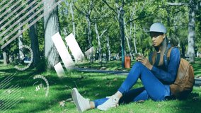Woman tapping smartphone in park causing data charts and map graphics sliding for data analysis. Technology, data, analytics, outdoor, casual, minimalist, innovation - Powered by Shutterstock - Get 15% off with code: PIKWIZARD15