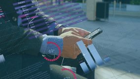 man picking up smartphone and unlocking it in urban plaza, generating data charts for analytics. Technology, data visualization, urban landscape, business, cybersecurity, modern design, innovation - Powered by Shutterstock - Get 15% off with code: PIKWIZARD15