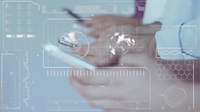 Hand tapping smartphone HUD causing globe spin and data shift while visualizing real-time analytics. Technology, innovation, data visualization, user interface, futuristic, digital, mobile device - Powered by Shutterstock - Get 15% off with code: PIKWIZARD15