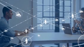 Colleagues swiping tablet and typing laptop, building tech network linking cloud and people icons. Collaboration, connectivity, digital, communication, modern, teamwork, innovation - Powered by Shutterstock - Get 15% off with code: PIKWIZARD15