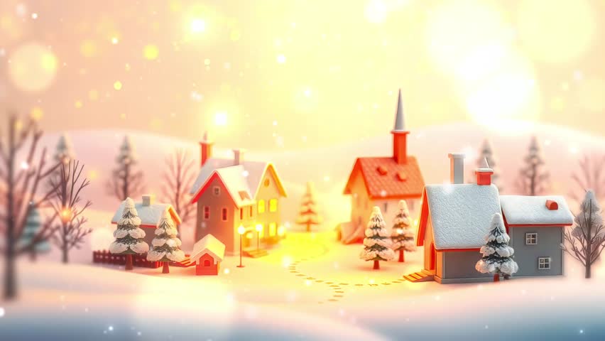 Miniature Winter Village: Detailed Animation of Tiny Homes, Snowy Trees, and Delicate Footprints in a Golden Light Glow