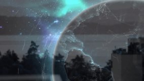 Sphere appearing triggers digital globe rotating with pulsing network lines visualizing data flow. Technology, connectivity, innovation, global, futuristic, cyberspace, data - Powered by Shutterstock - Get 15% off with code: PIKWIZARD15