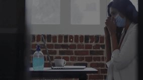 As network graph emerging, business woman adjusting mask and engaging laptop for data analysis. Technology, connectivity, professional, workspace, digital, innovation, modern - Powered by Shutterstock - Get 15% off with code: PIKWIZARD15