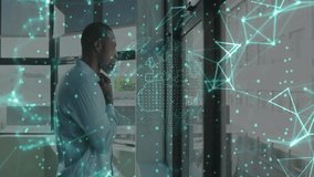 Businessman standing in office holding chin initiating data overlay rotating map analyzing network. Corporate, innovation, technology, networking, digital, connectivity, futuristic - Powered by Shutterstock - Get 15% off with code: PIKWIZARD15