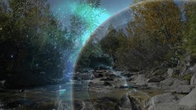 Sphere materializing over rocky creek, growing cosmic overlay and forming rotating Earth globe. Futuristic, celestial, immersive, eco-friendly, digital, innovative, vibrant - Powered by Shutterstock - Get 15% off with code: PIKWIZARD15