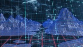 After simulation start, 3D mountains gliding over grid floor with nodes visualizing terrain path. Futuristic, virtualreality, minimalist, technology, digitalart, landscape, interface - Powered by Shutterstock - Get 15% off with code: PIKWIZARD15