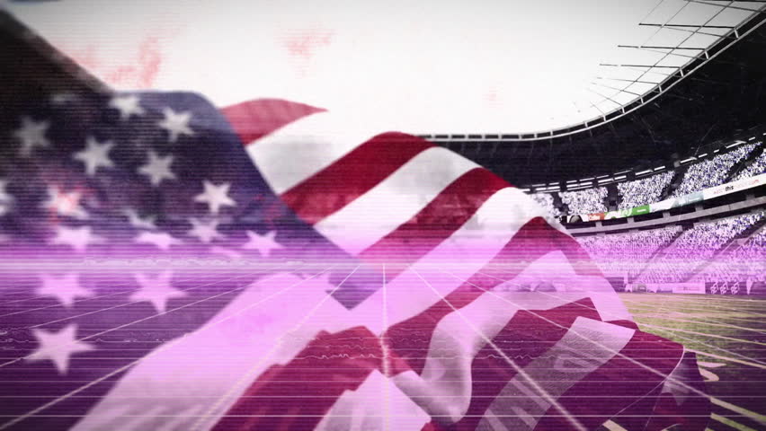Opening with flag unfurling and billowing across while glitch scanning revealing stadium seating. Patriotism, digital distortion, motion, vibrant, celebration, architecture, outdoor