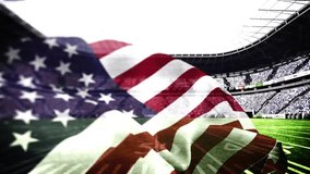 Opening shot starting translucent digital US flag rippling across football turf with tech lines. Patriotism, digital, graphic, motion, technology, sport, stadium - Powered by Shutterstock - Get 15% off with code: PIKWIZARD15