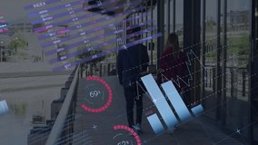 Business professionals walking canal walkway and activating charts, percentages, world map overlays. Corporate, finance, data visualization, innovation, consulting, modern, technology - Powered by Shutterstock - Get 15% off with code: PIKWIZARD15