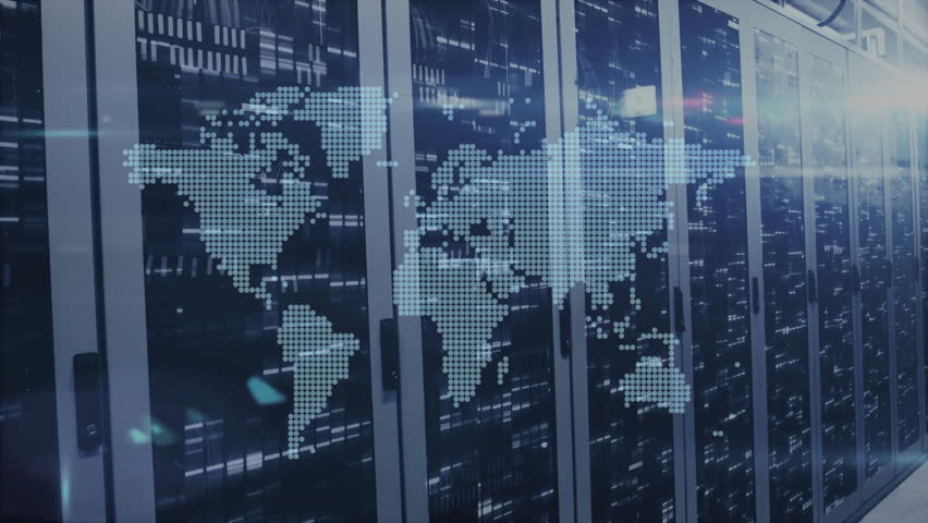 Upon camera fixing on server racks Bitcoin icons fading and pulsing worldwide with flare display. Technology, cybersecurity, digital, finance, blockchain, innovation, network