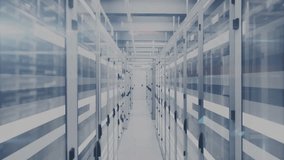 Opening server rack corridor starting floating icons clustering and drifting, showing network load. Technology, data, digital, connectivity, innovation, futuristic, network - Powered by Shutterstock - Get 15% off with code: PIKWIZARD15