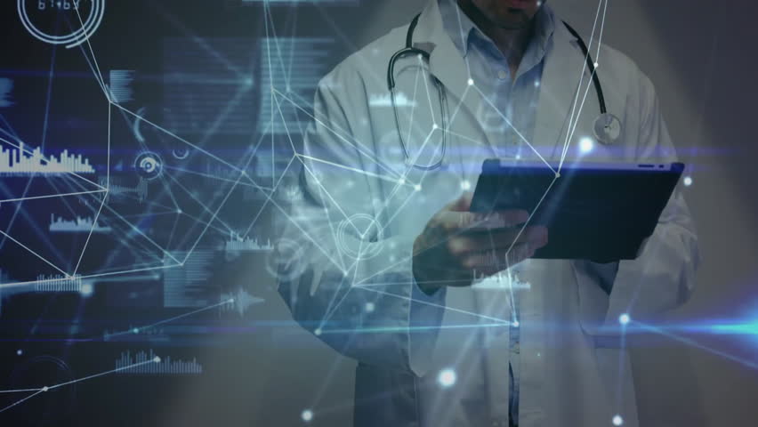 Doctor tapping tablet, swiping screen, causing holographic medical diagnostics network expanding. Medical, technology, innovation, digital, science, healthcare, analytics