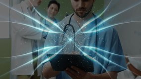 Physician tapping tablet in consultation room streaming streamlines visualizing patient data. Medical, technology, healthcare, innovation, digital, collaboration, futuristic - Powered by Shutterstock - Get 15% off with code: PIKWIZARD15