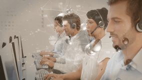 static shot launching network overlay four call center agents typing speaking enhancing workflow. Customer service, collaboration, technology, communication, connectivity, professionalism, teamwork - Powered by Shutterstock - Get 15% off with code: PIKWIZARD15