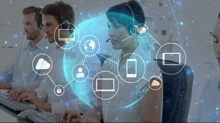Customer service agents typing and speaking initiating globe with icons forming secure network. Collaboration, technology, digital, communication, professionalism, modern, connectivity - Powered by Shutterstock - Get 15% off with code: PIKWIZARD15