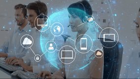 Customer service agents typing and speaking initiating globe with icons forming secure network. Collaboration, technology, digital, communication, professionalism, modern, connectivity - Powered by Shutterstock - Get 15% off with code: PIKWIZARD15