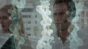 Receiving incoming call, business call center agents handling support calls with molecular overlay. Customer service, professional, technology, digital, communication, modern, teamwork - Powered by Shutterstock - Get 15% off with code: PIKWIZARD15