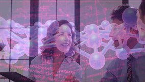 Woman tilting tablet reading data as man pointing molecular overlay in science talk then handshake. Collaboration, innovation, technology, scientific, teamwork, professional, futuristic - Powered by Shutterstock - Get 15% off with code: PIKWIZARD15